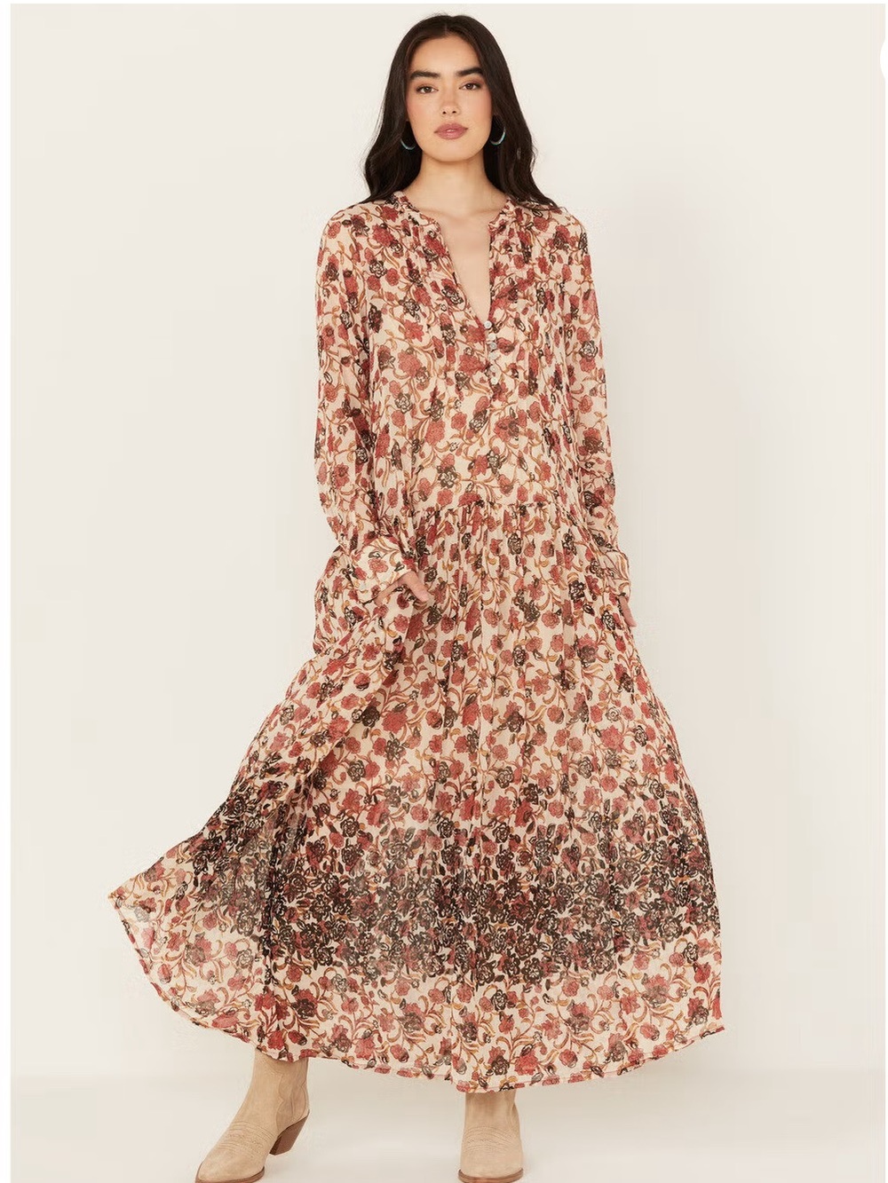 Free People See it Through Rose Multi Floral Long Sleeve Maxi Dress XSTP